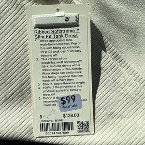 Lululemon Ribbed Softstreme slim fit Tank Dress Bone